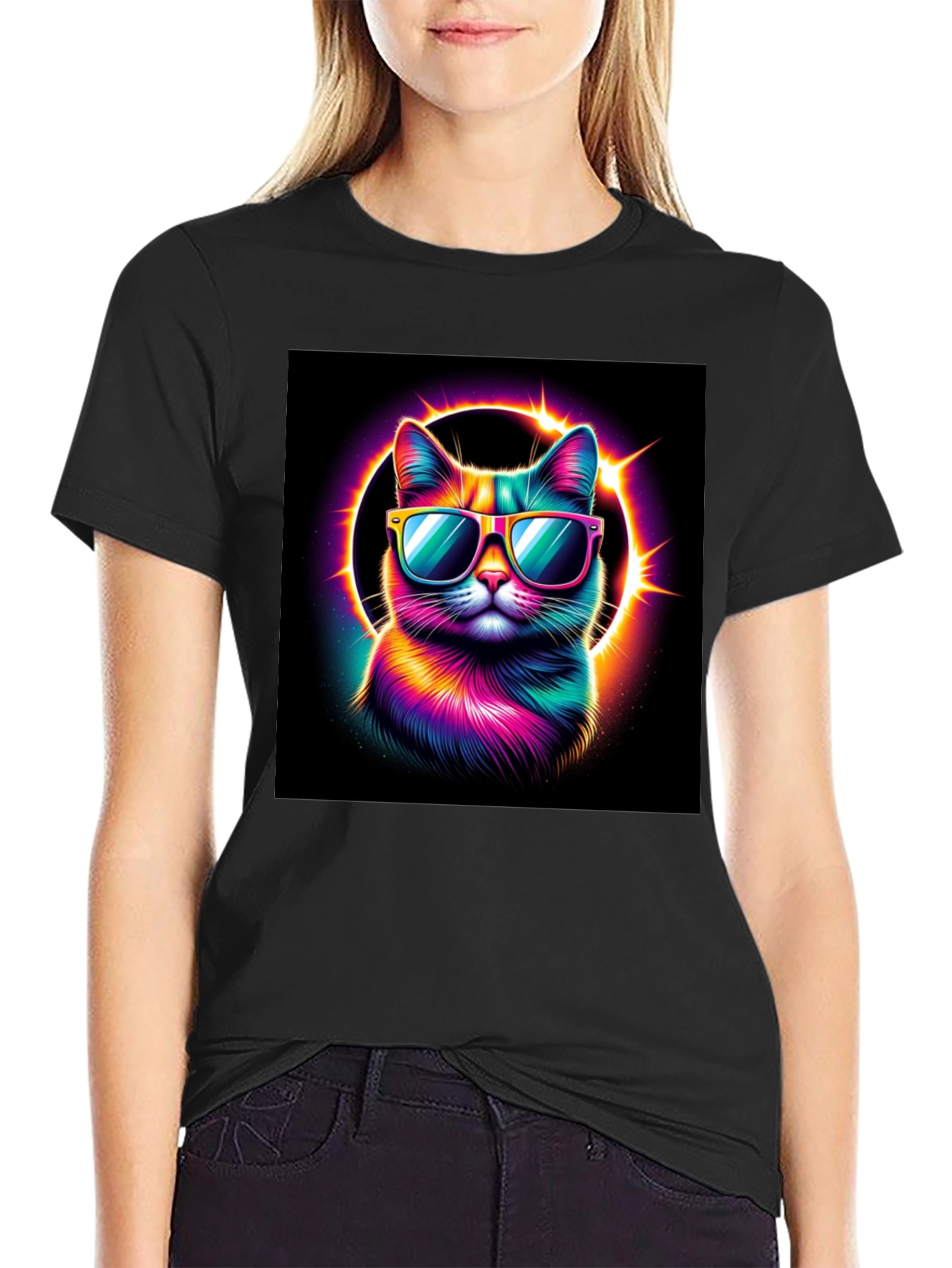Cool Cat T-Shirt - Neon Rainbow Cat with Sunglasses