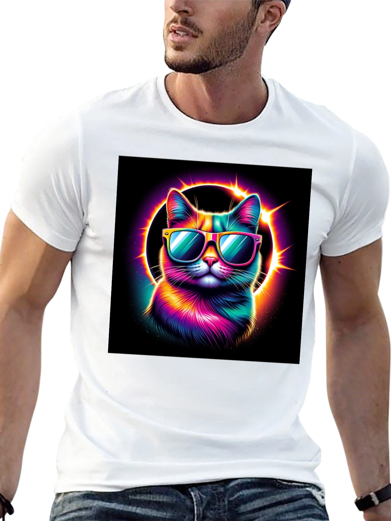 Cool Cat T-Shirt - Neon Rainbow Cat with Sunglasses