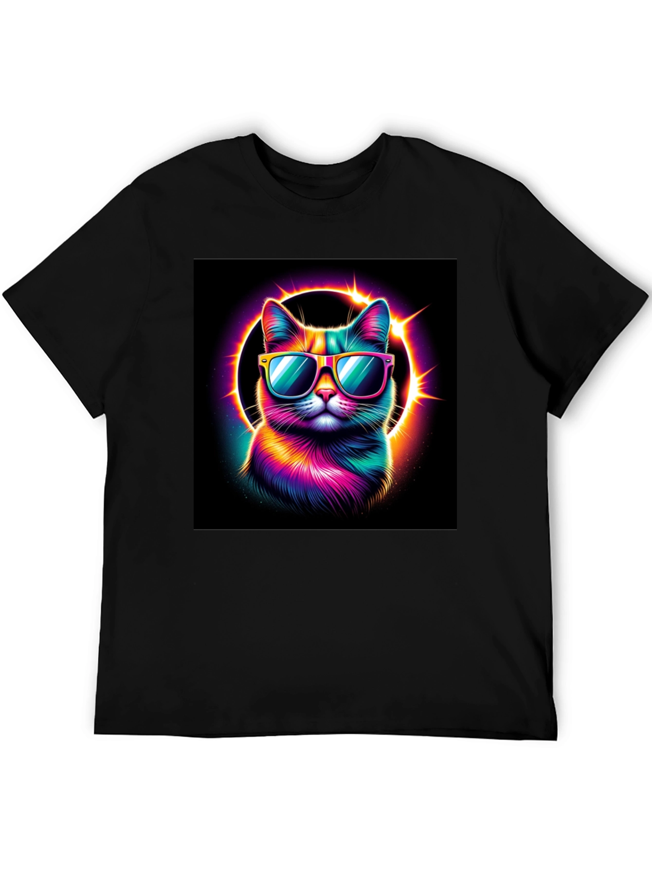 Cool Cat T-Shirt - Neon Rainbow Cat with Sunglasses