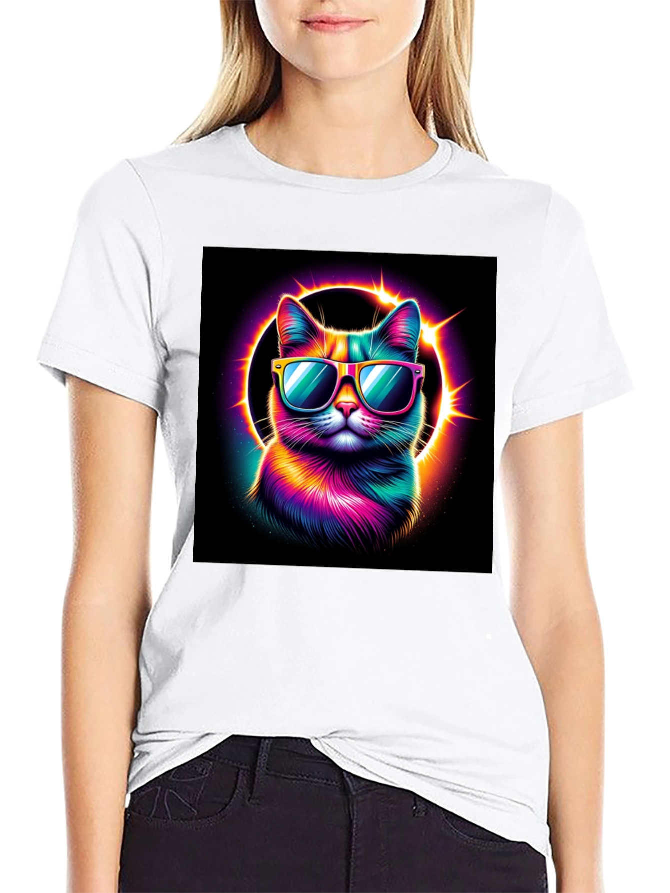 Cool Cat T-Shirt - Neon Rainbow Cat with Sunglasses