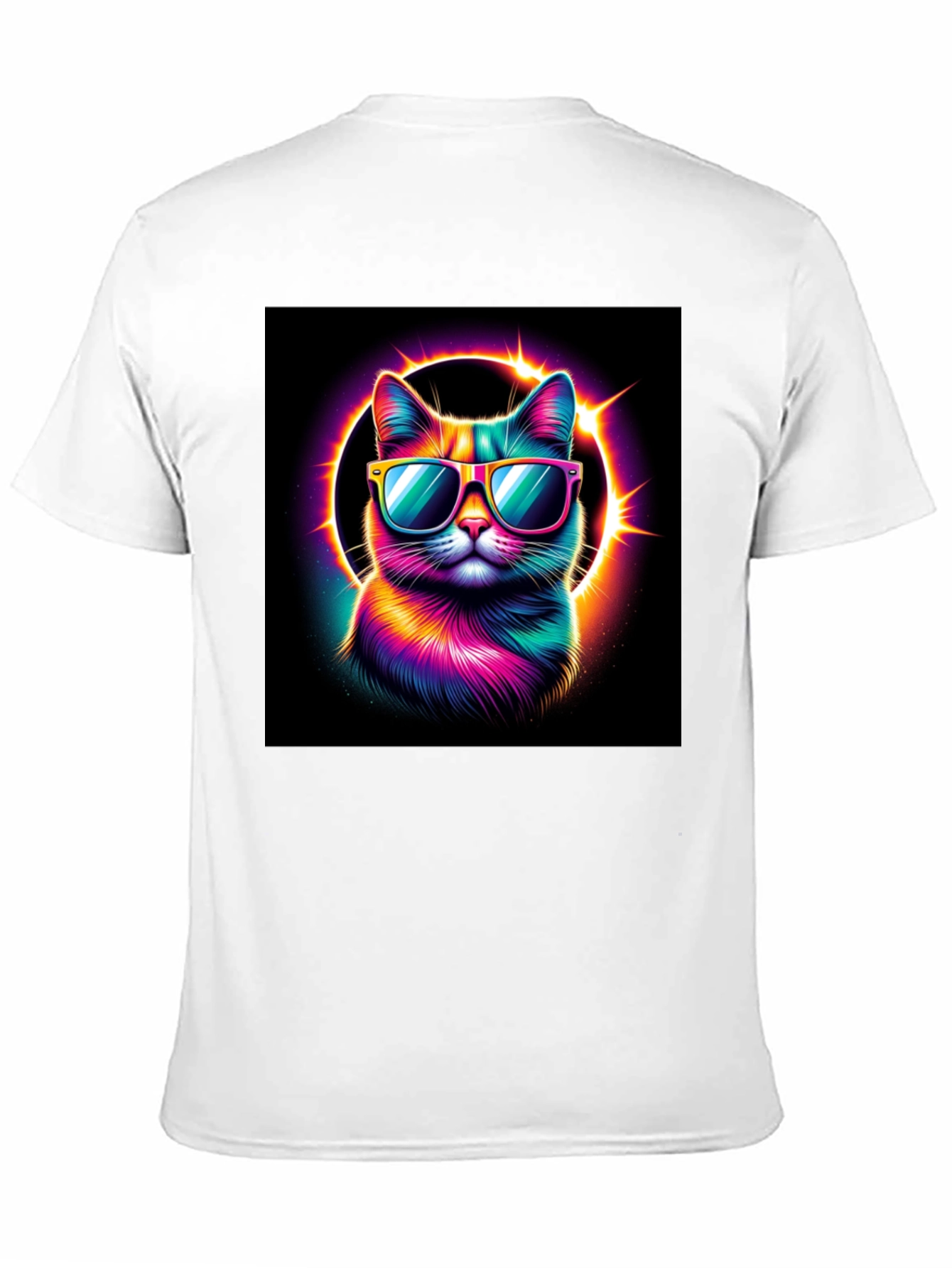 Cool Cat T-Shirt - Neon Rainbow Cat with Sunglasses