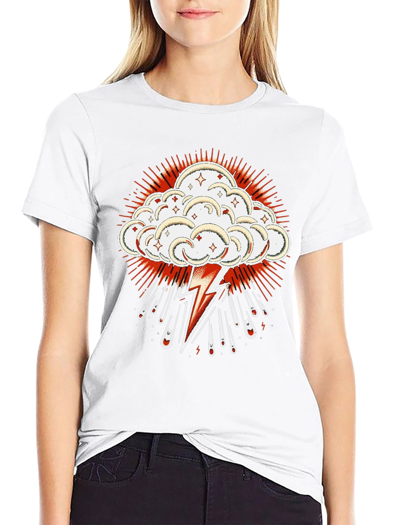 Black T-Shirt with Lightning Cloud Graphic