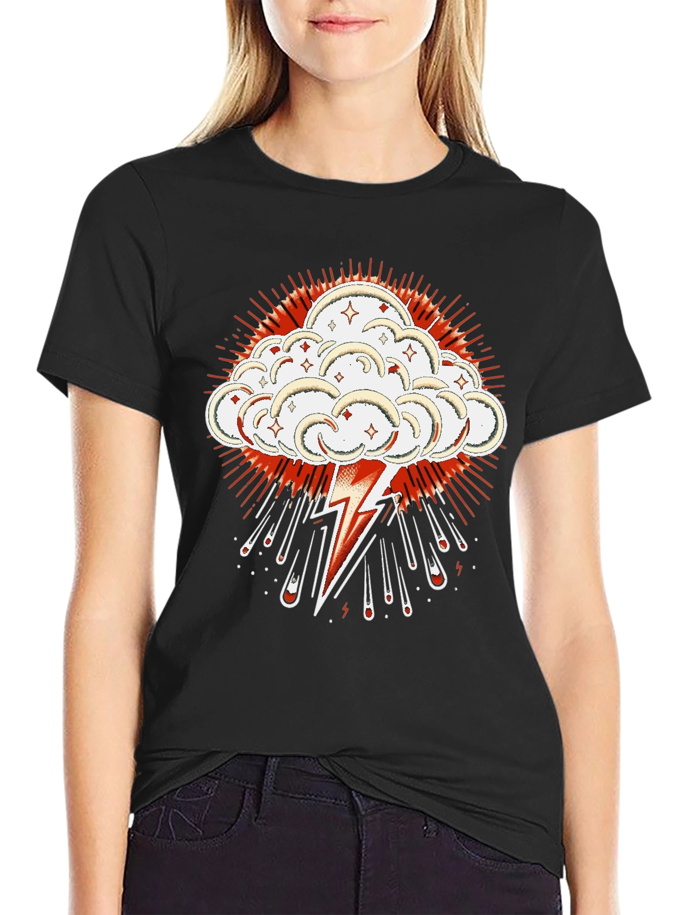 Black T-Shirt with Lightning Cloud Graphic
