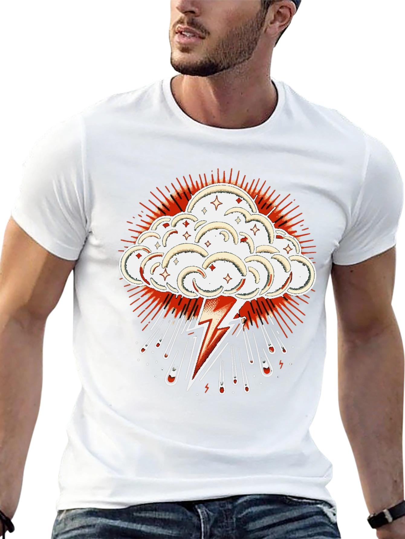 Black T-Shirt with Lightning Cloud Graphic