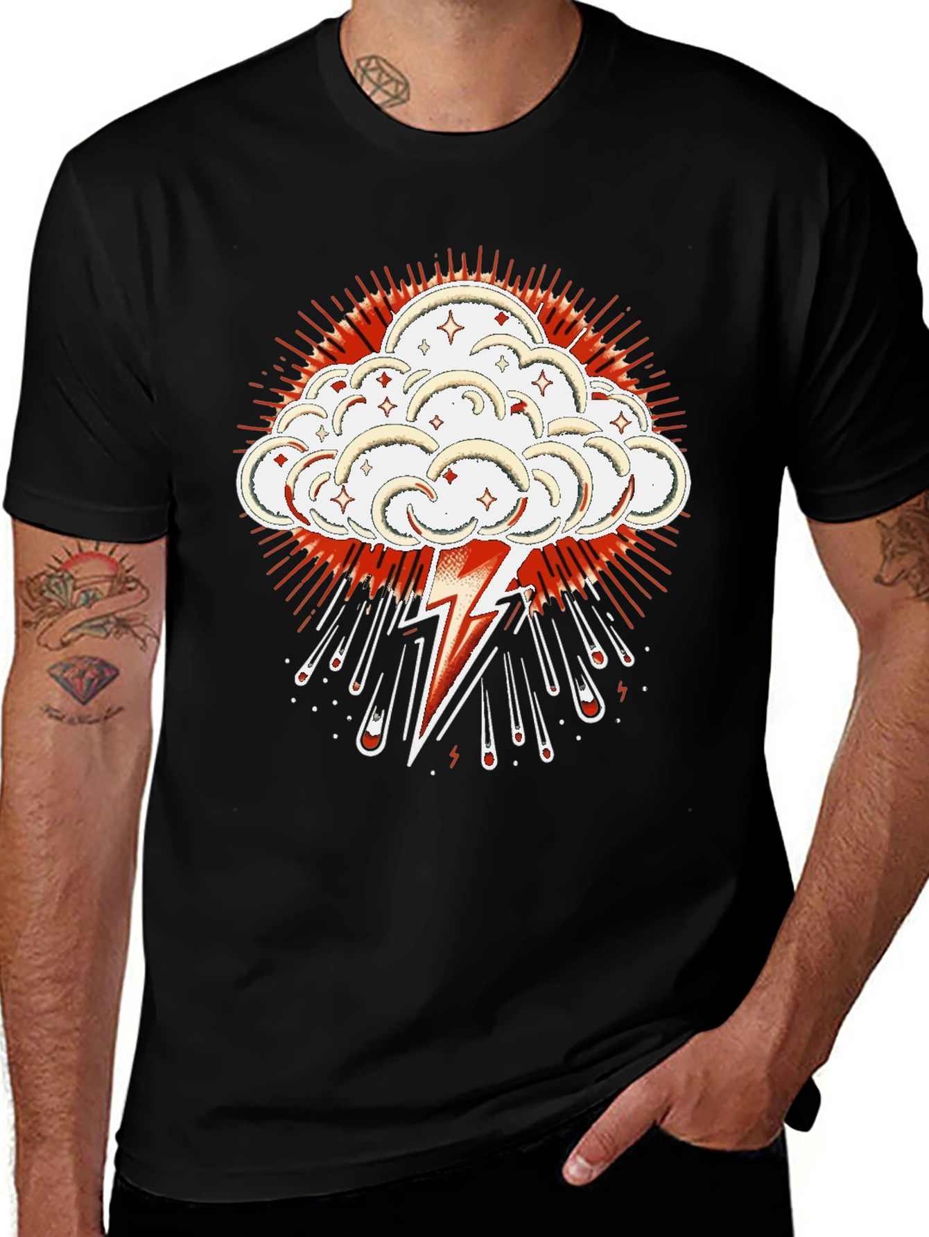 Black T-Shirt with Lightning Cloud Graphic