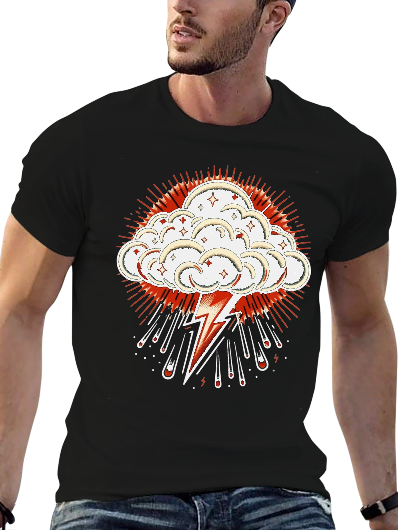 Black T-Shirt with Lightning Cloud Graphic