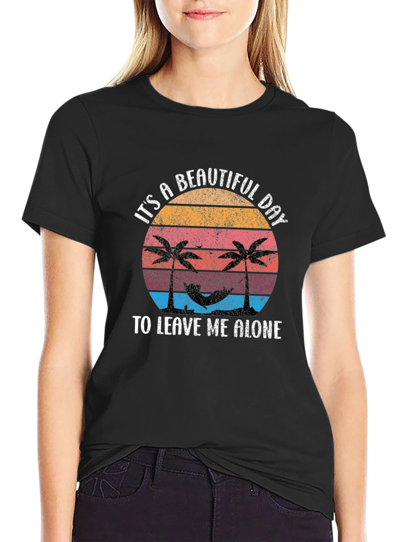 Tropical Beach Leave Me Alone Black T-Shirt