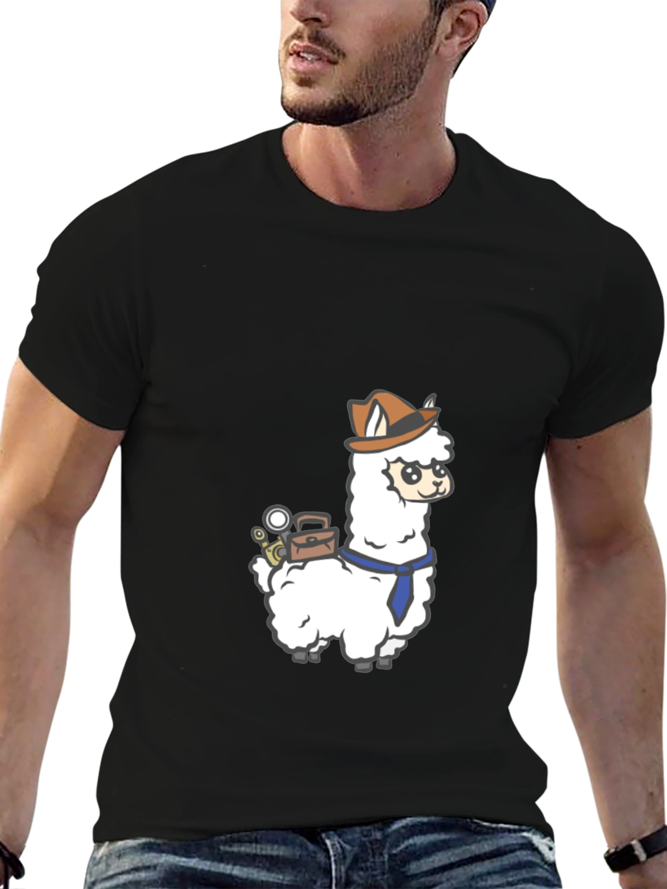 Detective Llama Graphic Tee - Black Cotton T-Shirt