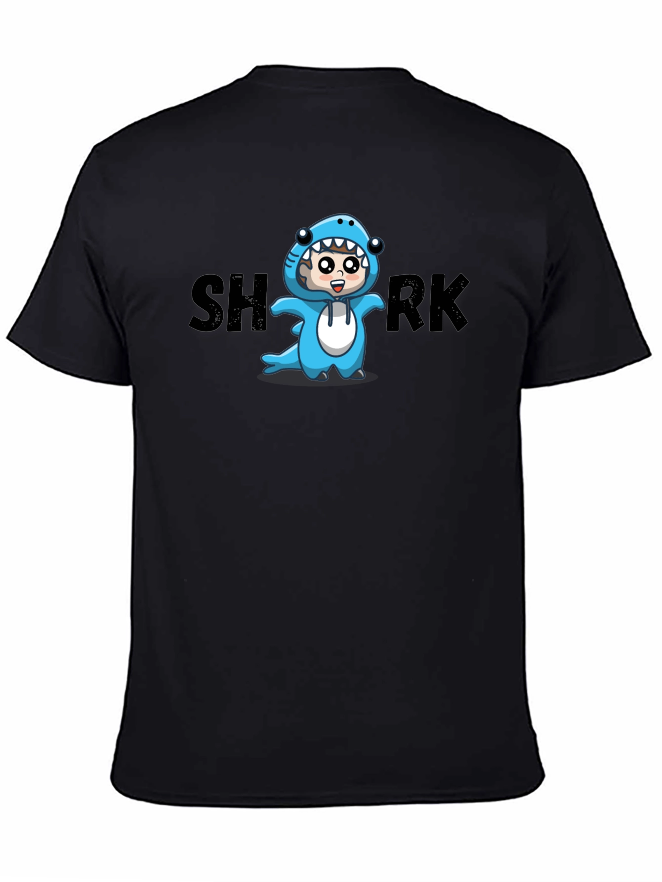 Cartoon Shark Graphic Tee - Black Cotton Blend