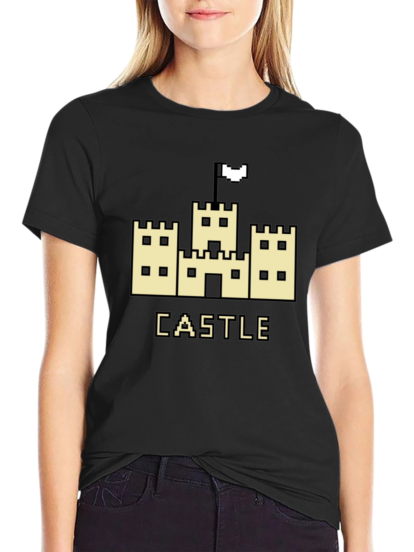 Retro Pixel Castle Graphic Tee - Black Cotton T-Shirt