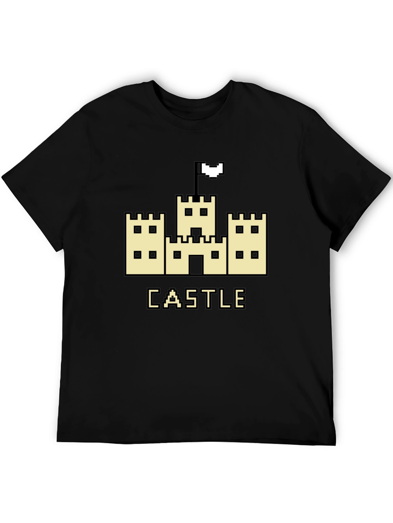 Retro Pixel Castle Graphic Tee - Black Cotton T-Shirt