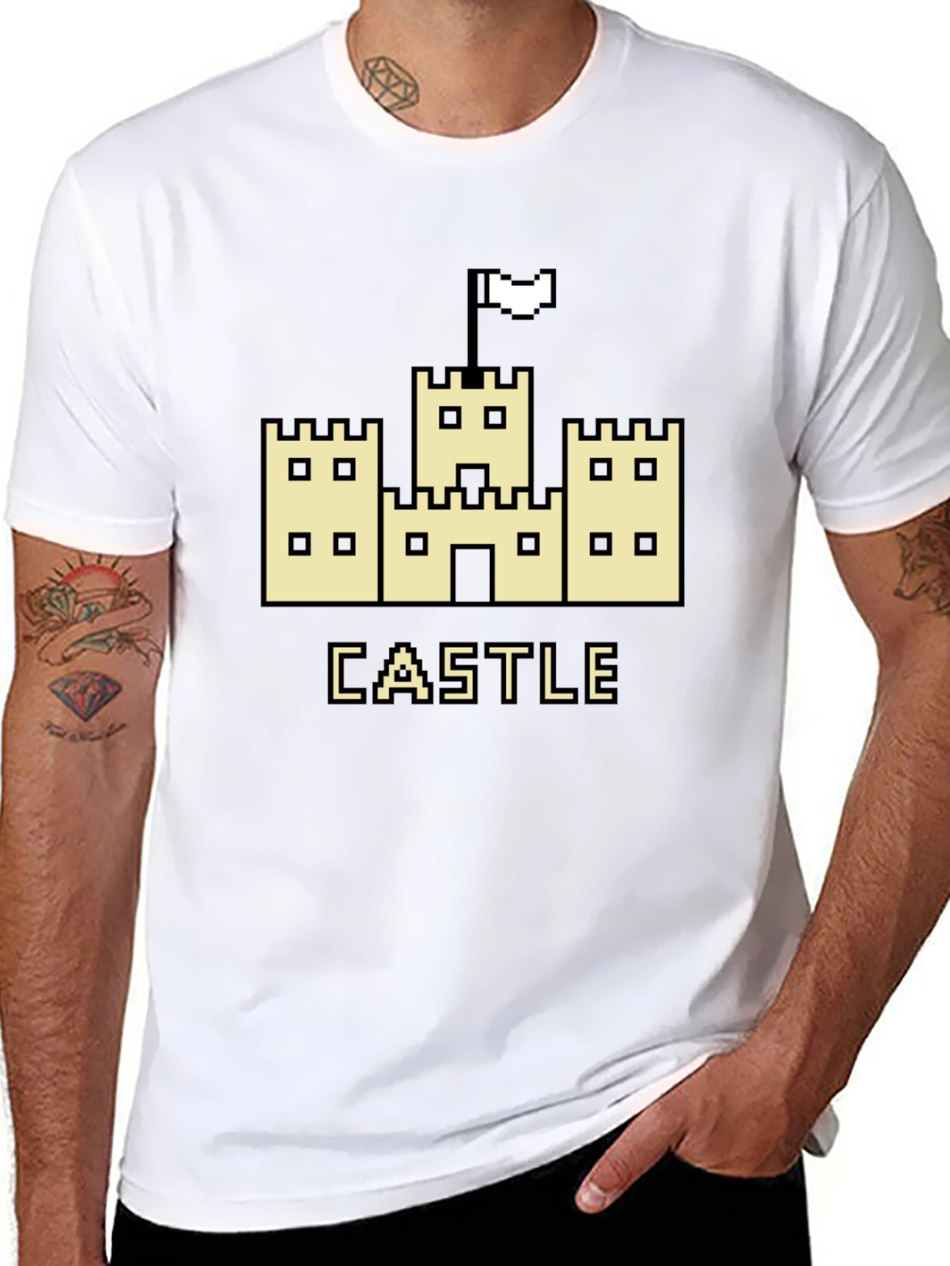 Retro Pixel Castle Graphic Tee - Black Cotton T-Shirt