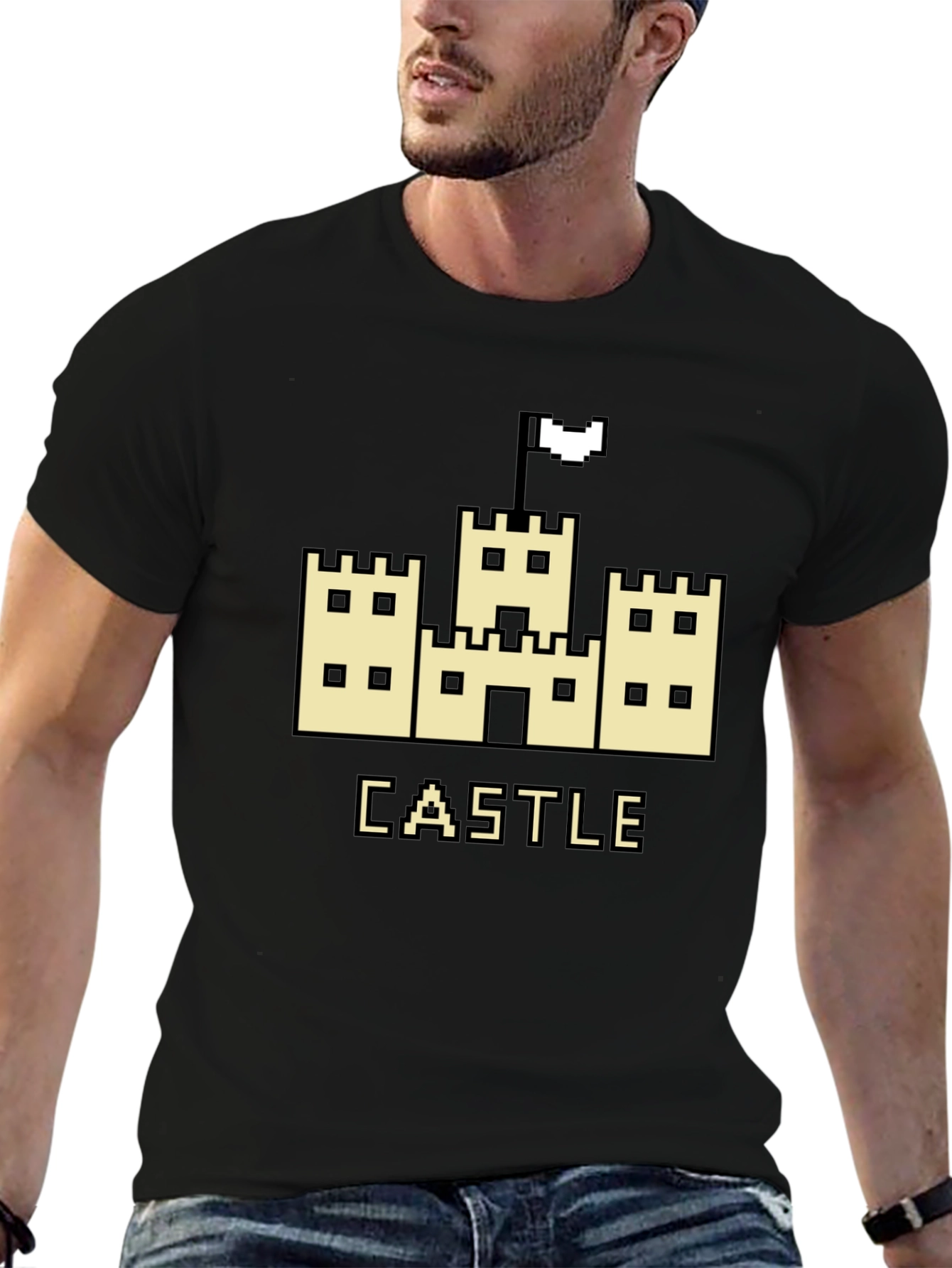 Retro Pixel Castle Graphic Tee - Black Cotton T-Shirt