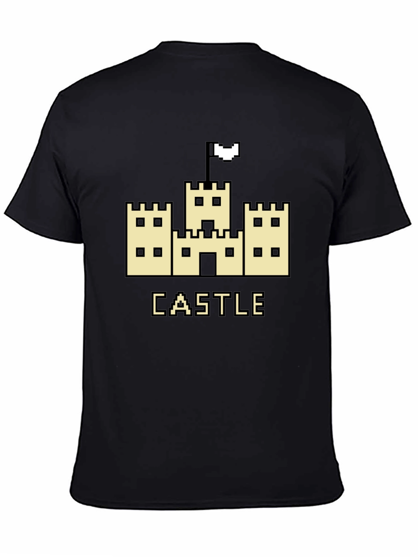 Retro Pixel Castle Graphic Tee - Black Cotton T-Shirt