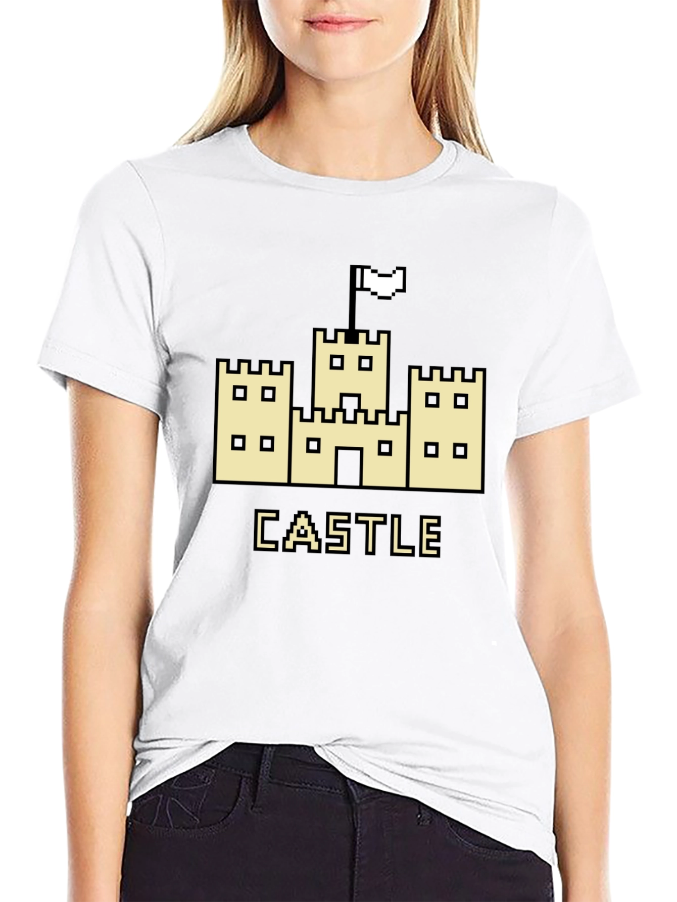 Retro Pixel Castle Graphic Tee - Black Cotton T-Shirt