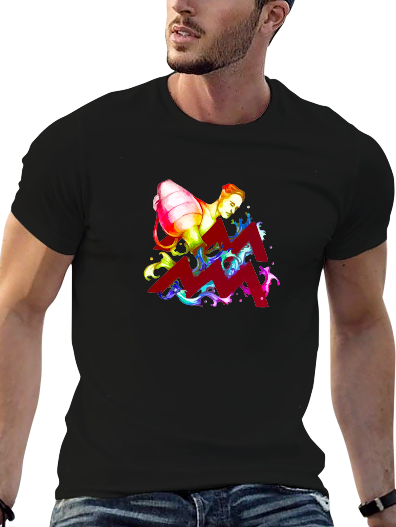 Aquarius Zodiac Graphic Tee - Black Cotton Shirt