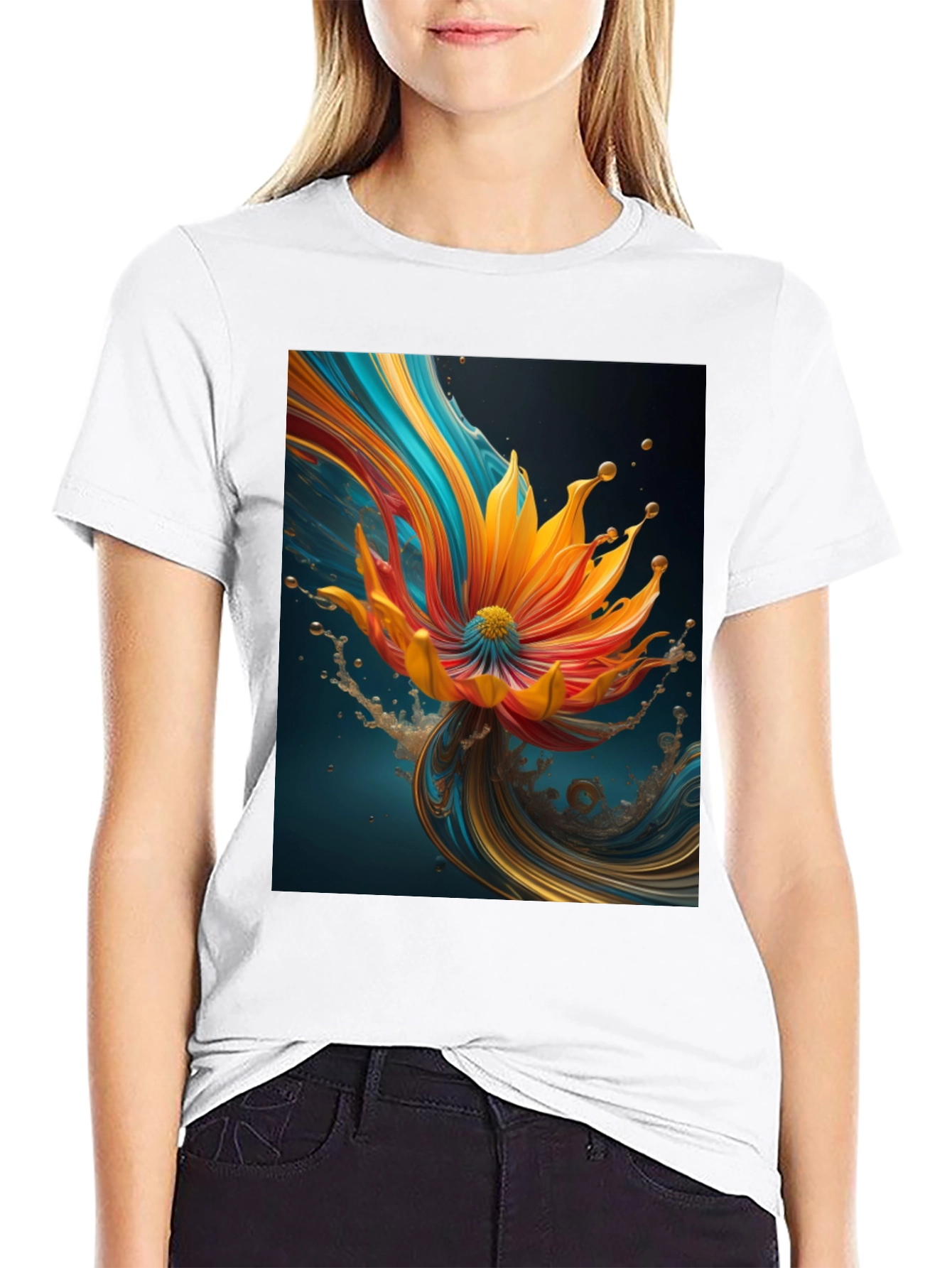 Abstract Floral Print Black Tee