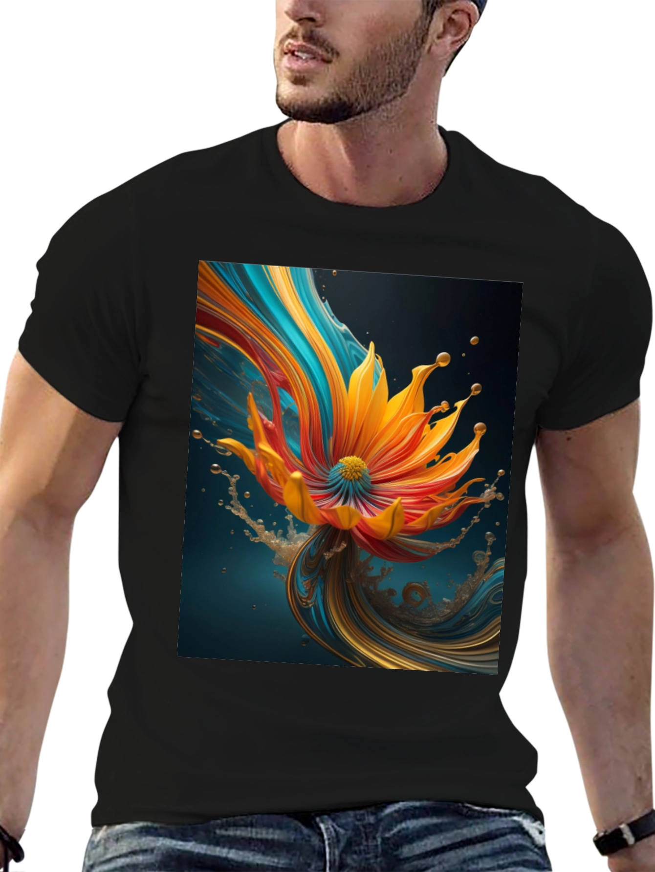 Abstract Floral Print Black Tee