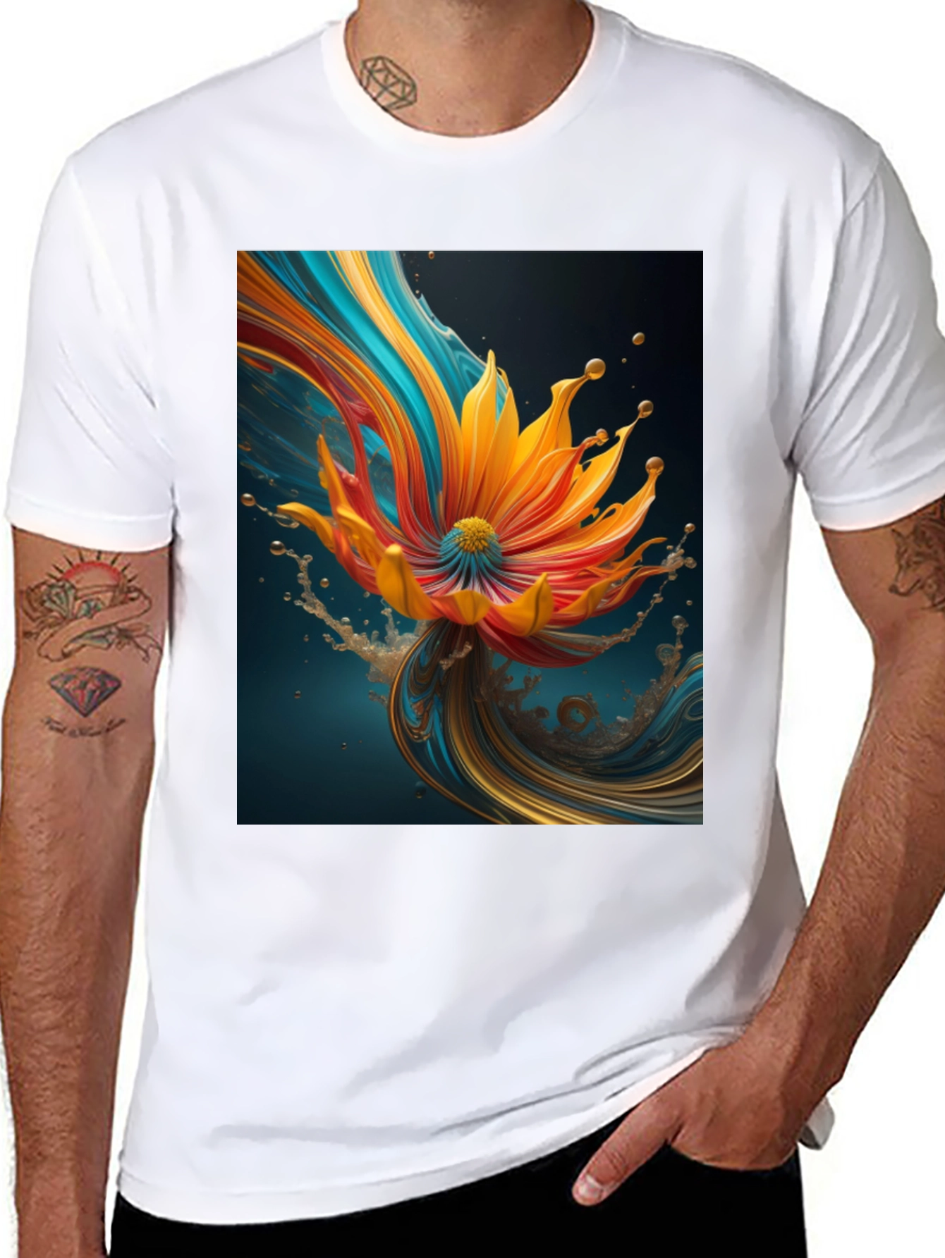 Abstract Floral Print Black Tee