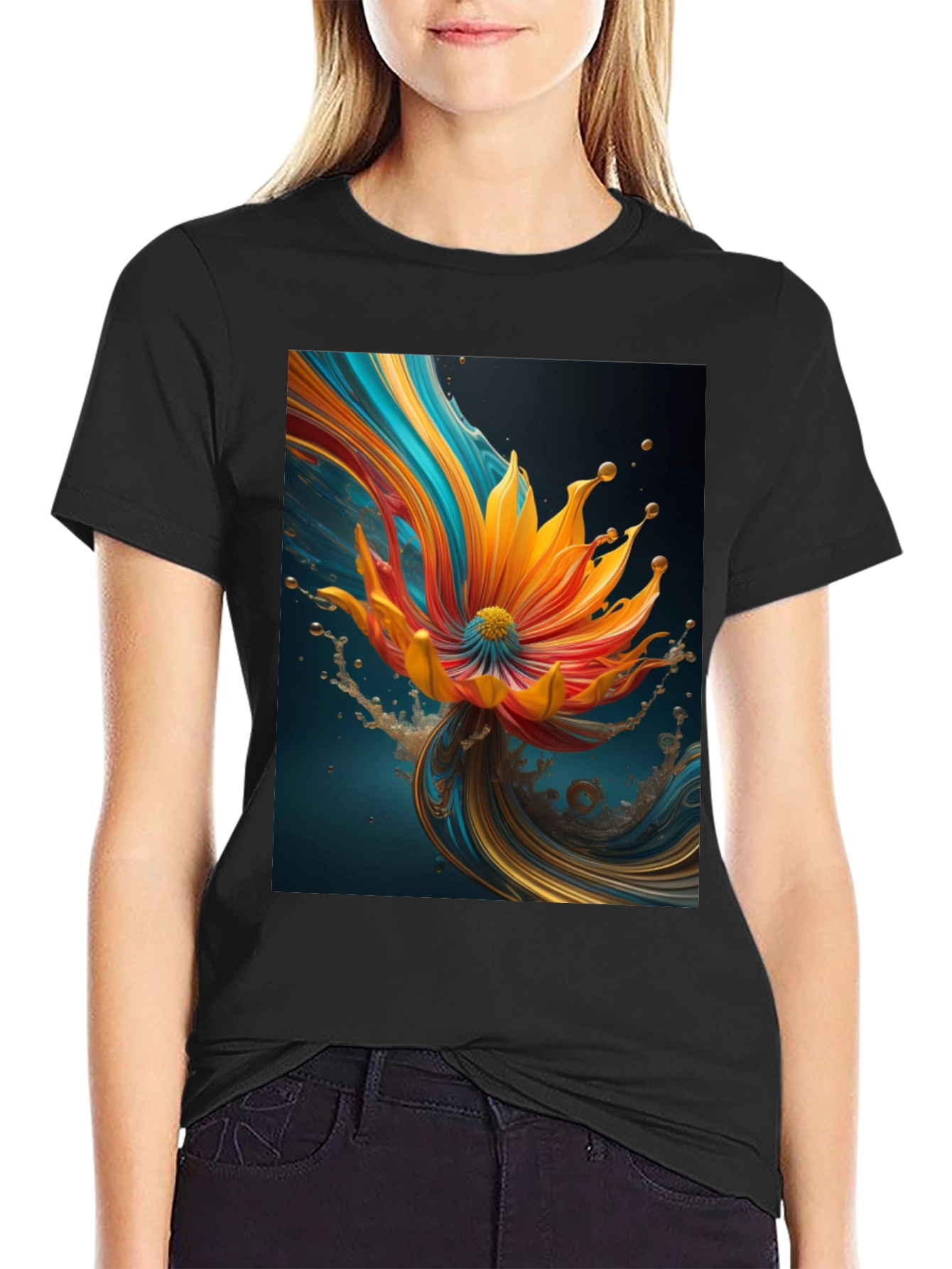 Abstract Floral Print Black Tee