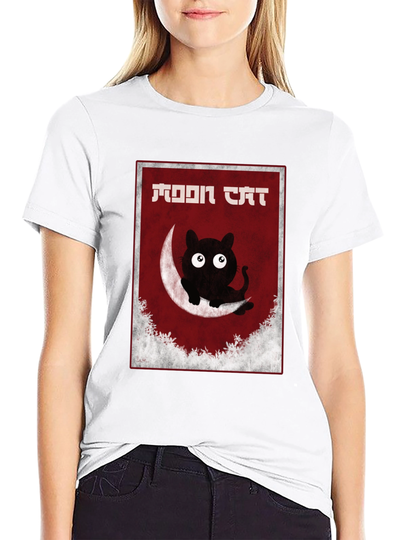 Moon Cat Graphic Tee - Black Cotton T-Shirt