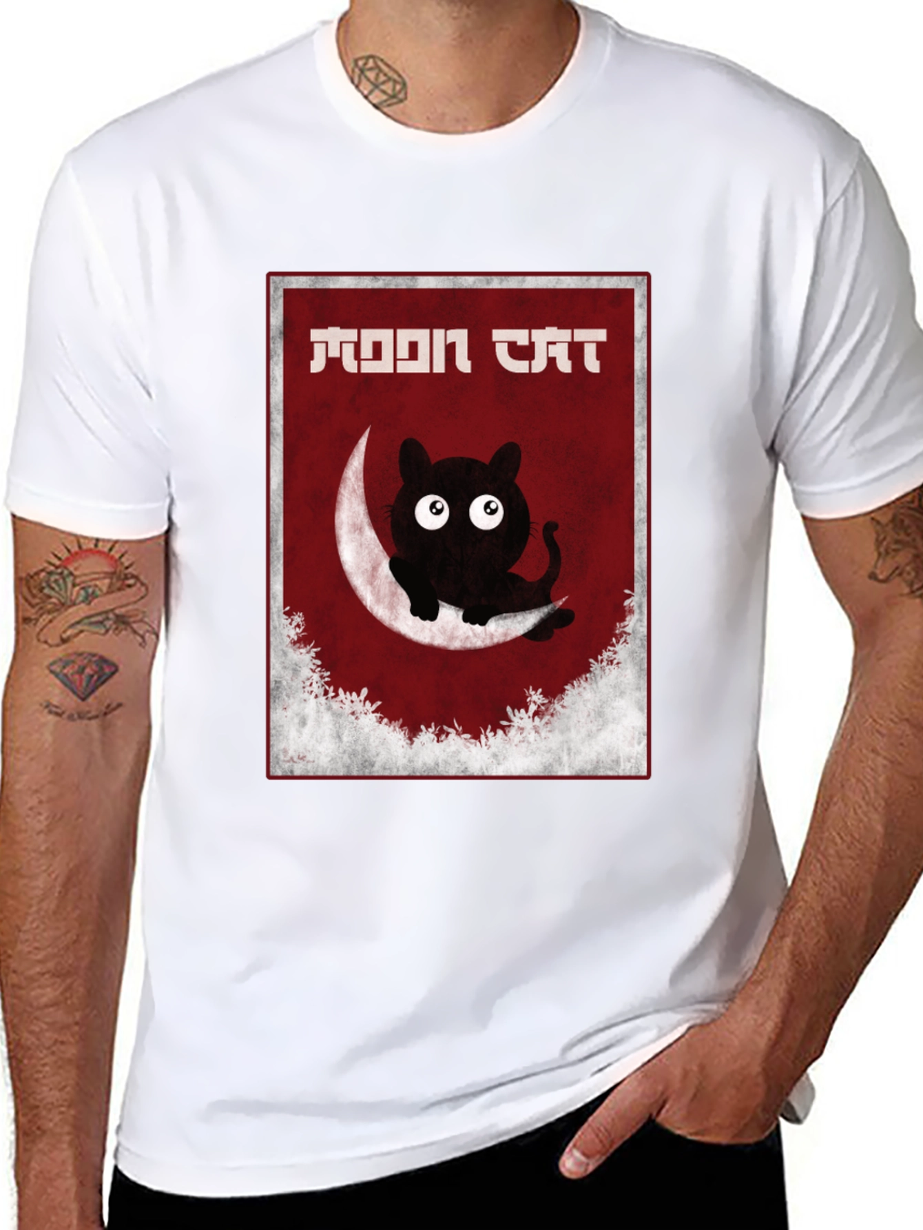 Moon Cat Graphic Tee - Black Cotton T-Shirt