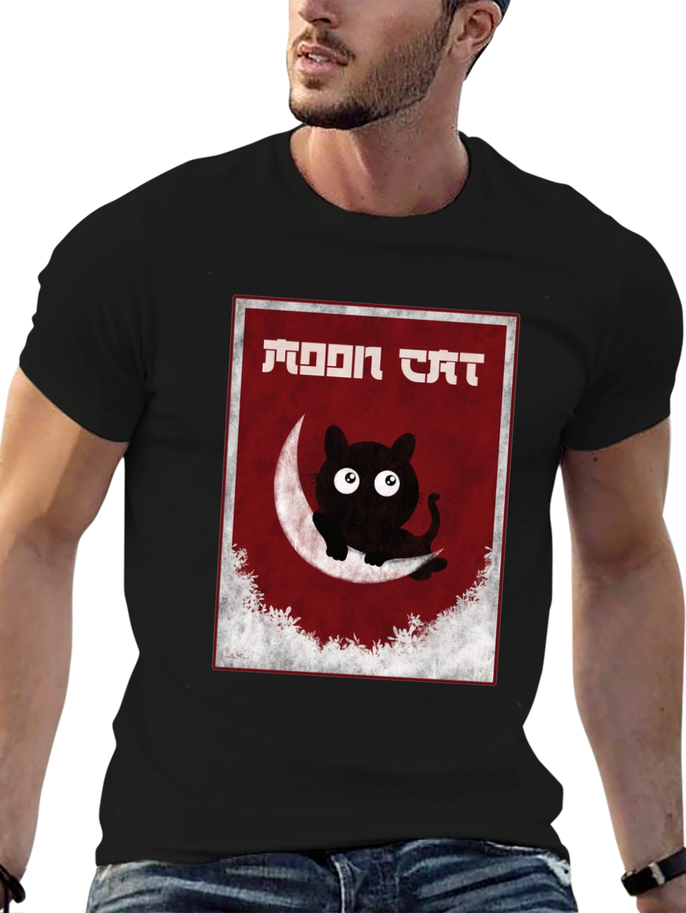 Moon Cat Graphic Tee - Black Cotton T-Shirt