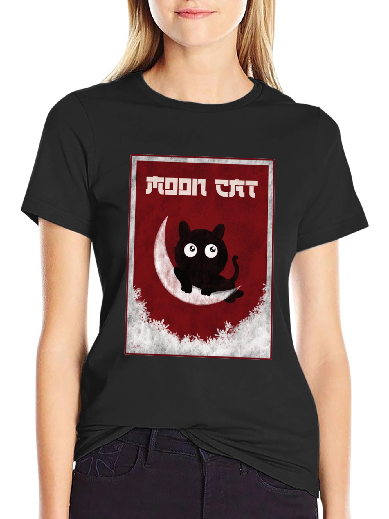 Moon Cat Graphic Tee - Black Cotton T-Shirt