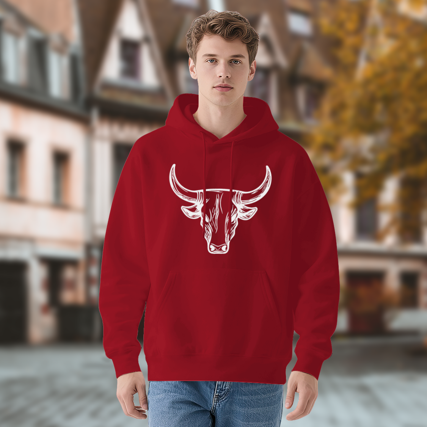Bold White Bull Head Red Men¡¯s Hoodie, Soft All-Day Comfort