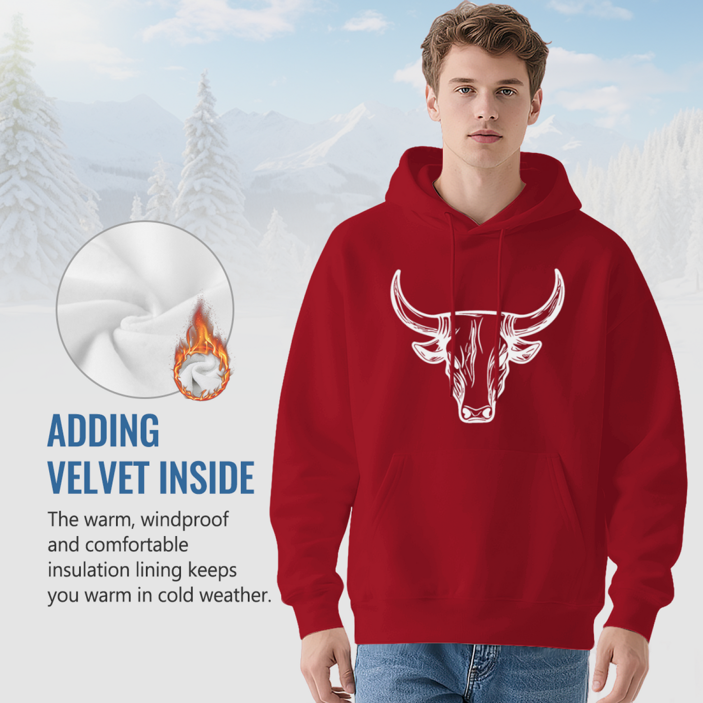 Bold White Bull Head Red Men¡¯s Hoodie, Soft All-Day Comfort