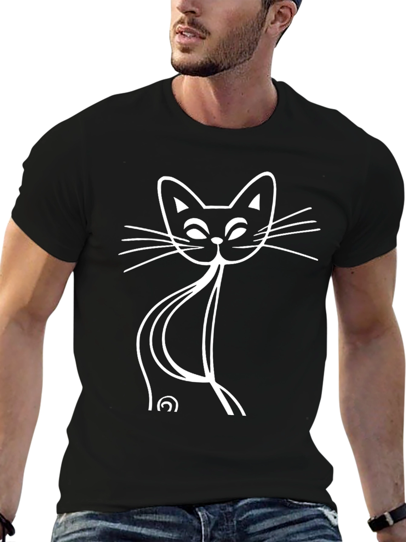 Stylized Cat Graphic Tee - Black Cotton Blend