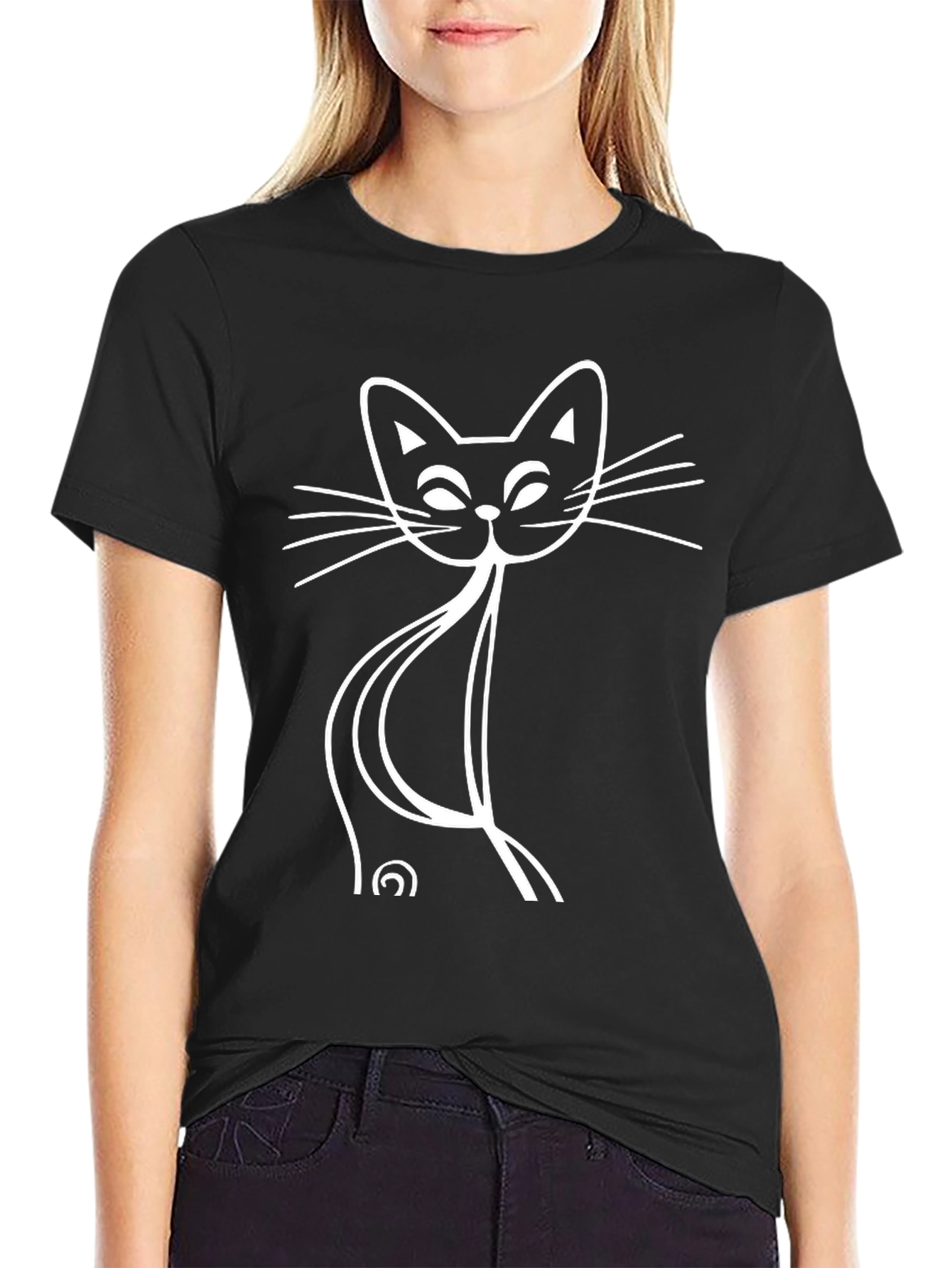 Stylized Cat Graphic Tee - Black Cotton Blend