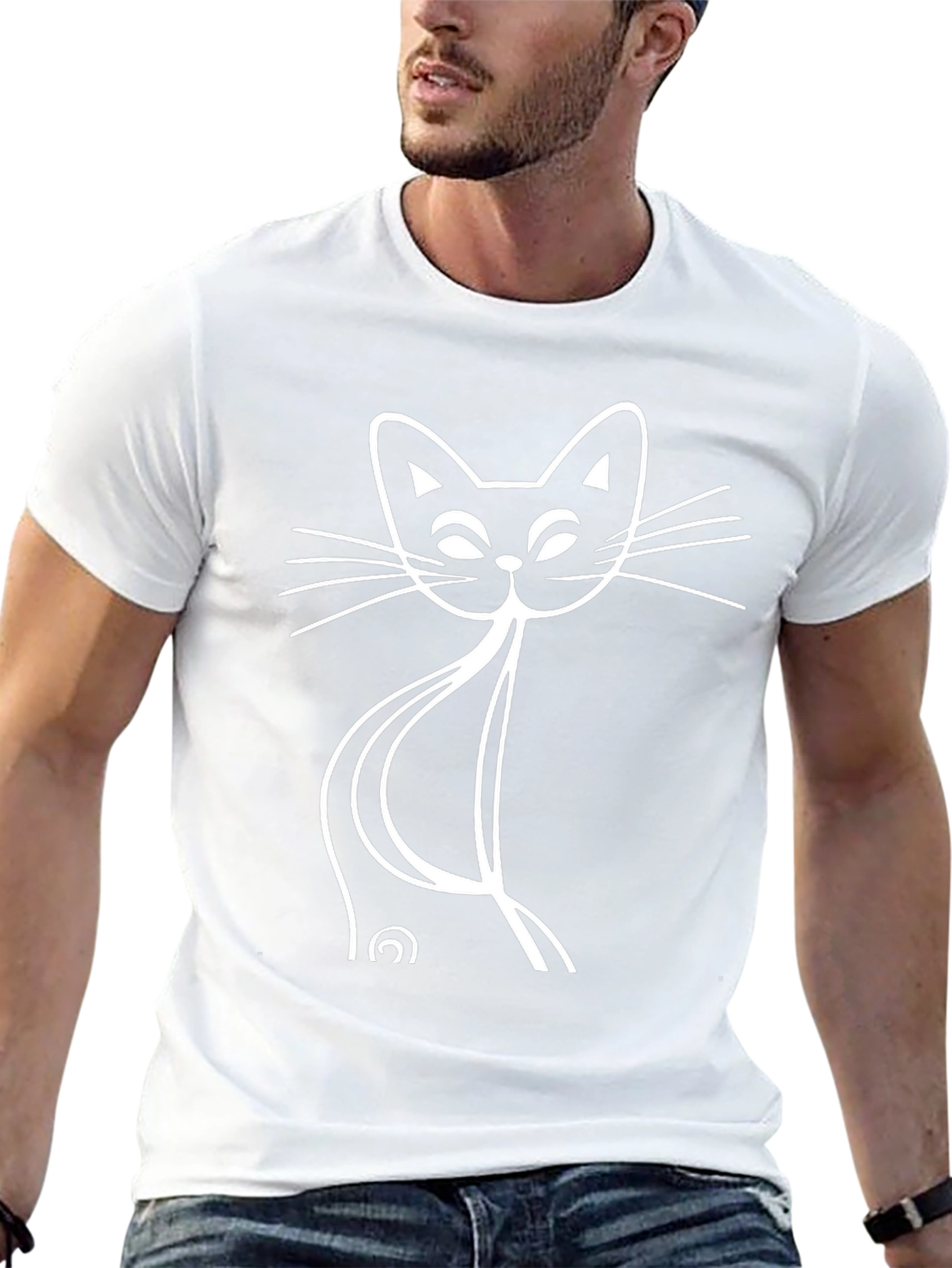 Stylized Cat Graphic Tee - Black Cotton Blend