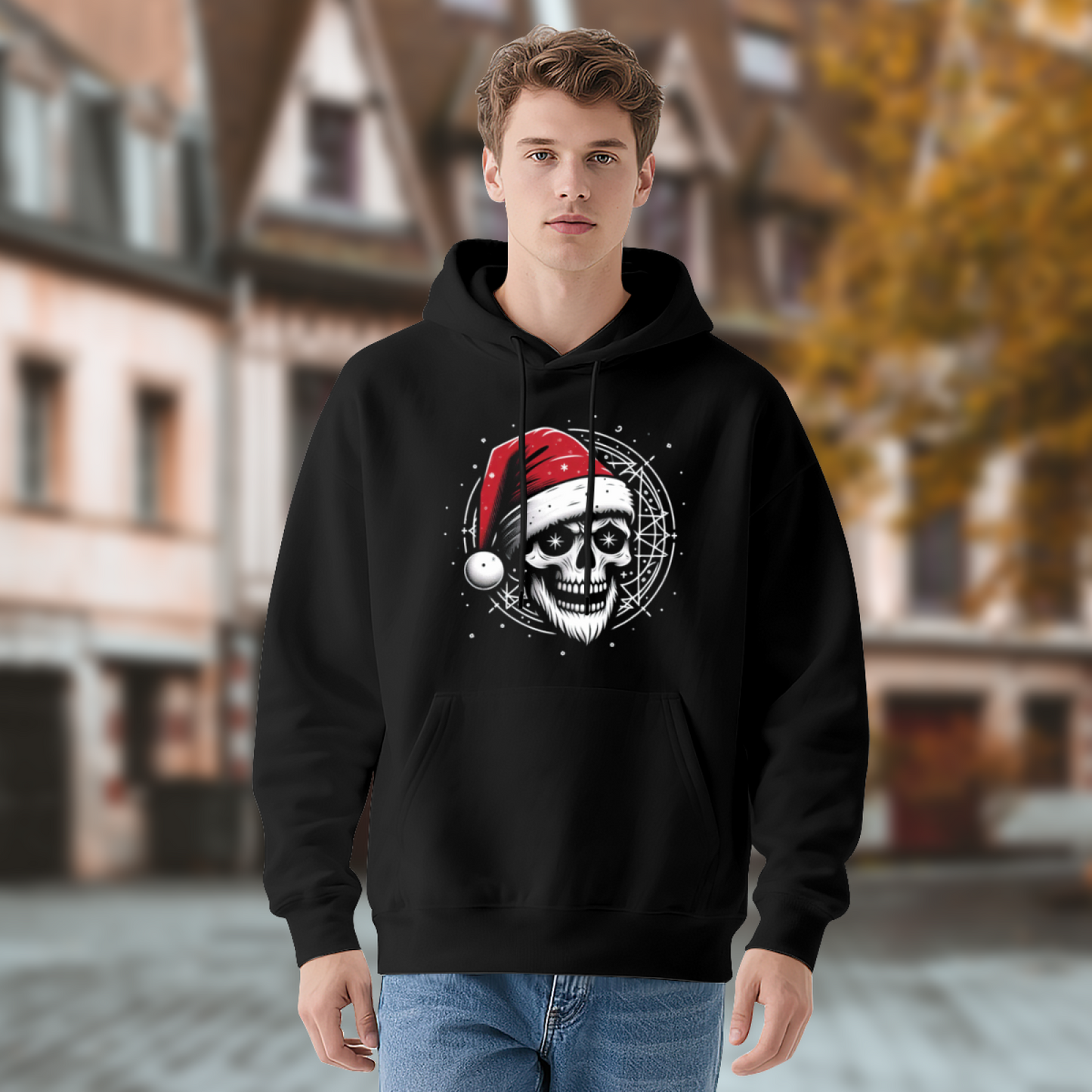 Santa Skull Christmas Dark Hoodie, Thick Comfort Holiday Street Sweatshirt