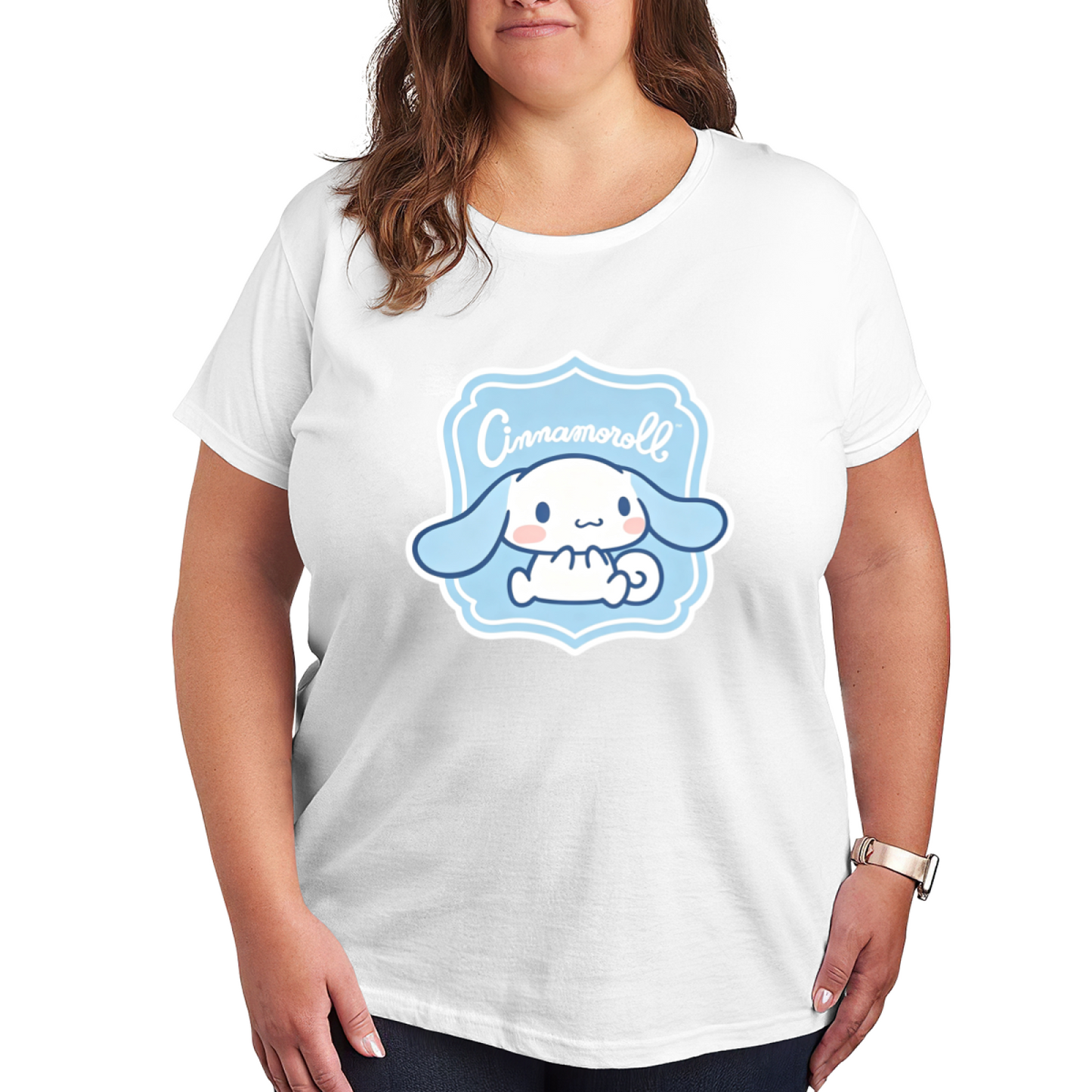 Adorable Cinnamoroll Blue Badge Frame Plus Size Ladies Graphic T?Shirt