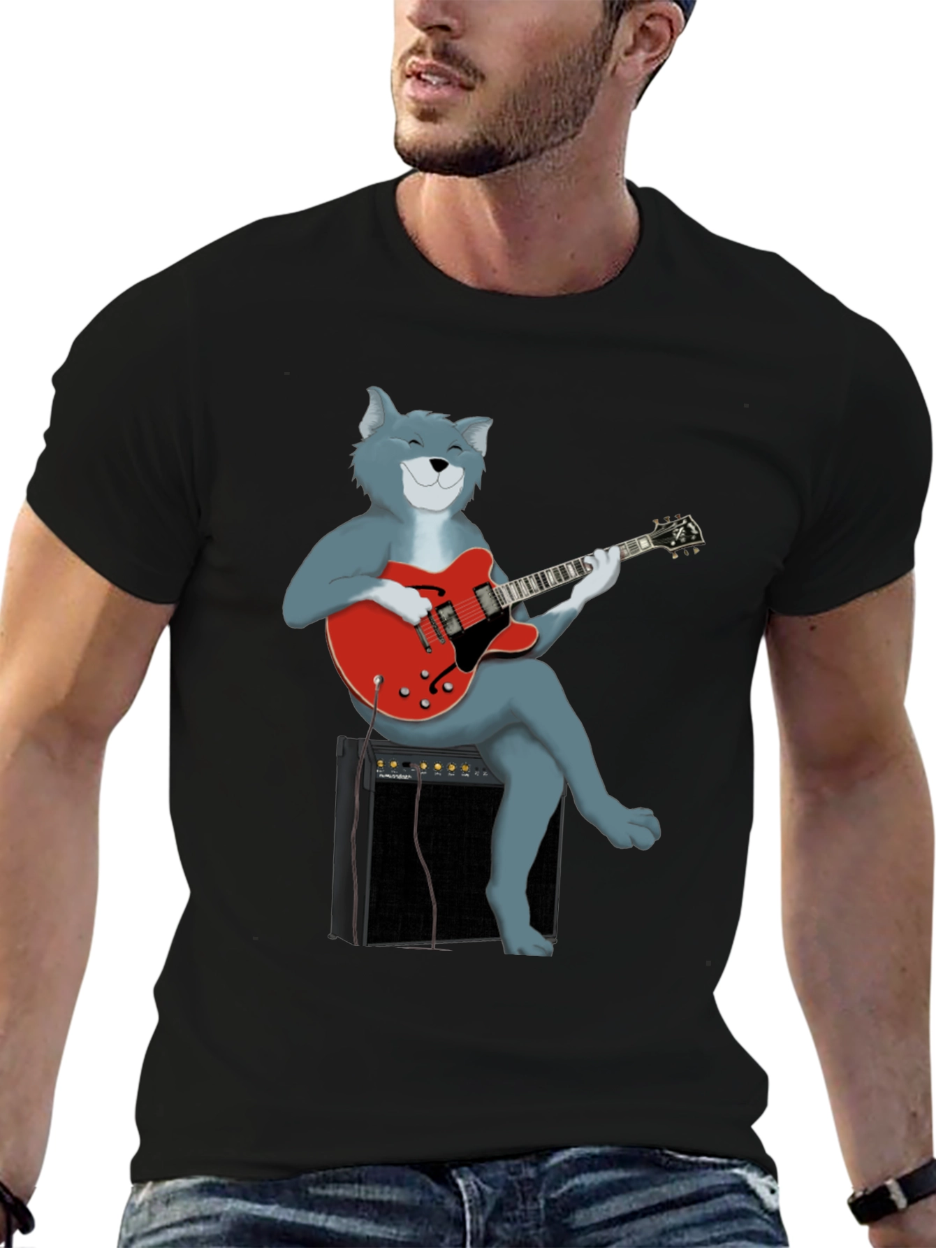 Cat Guitarist Graphic Tee - Black Cotton Shirt