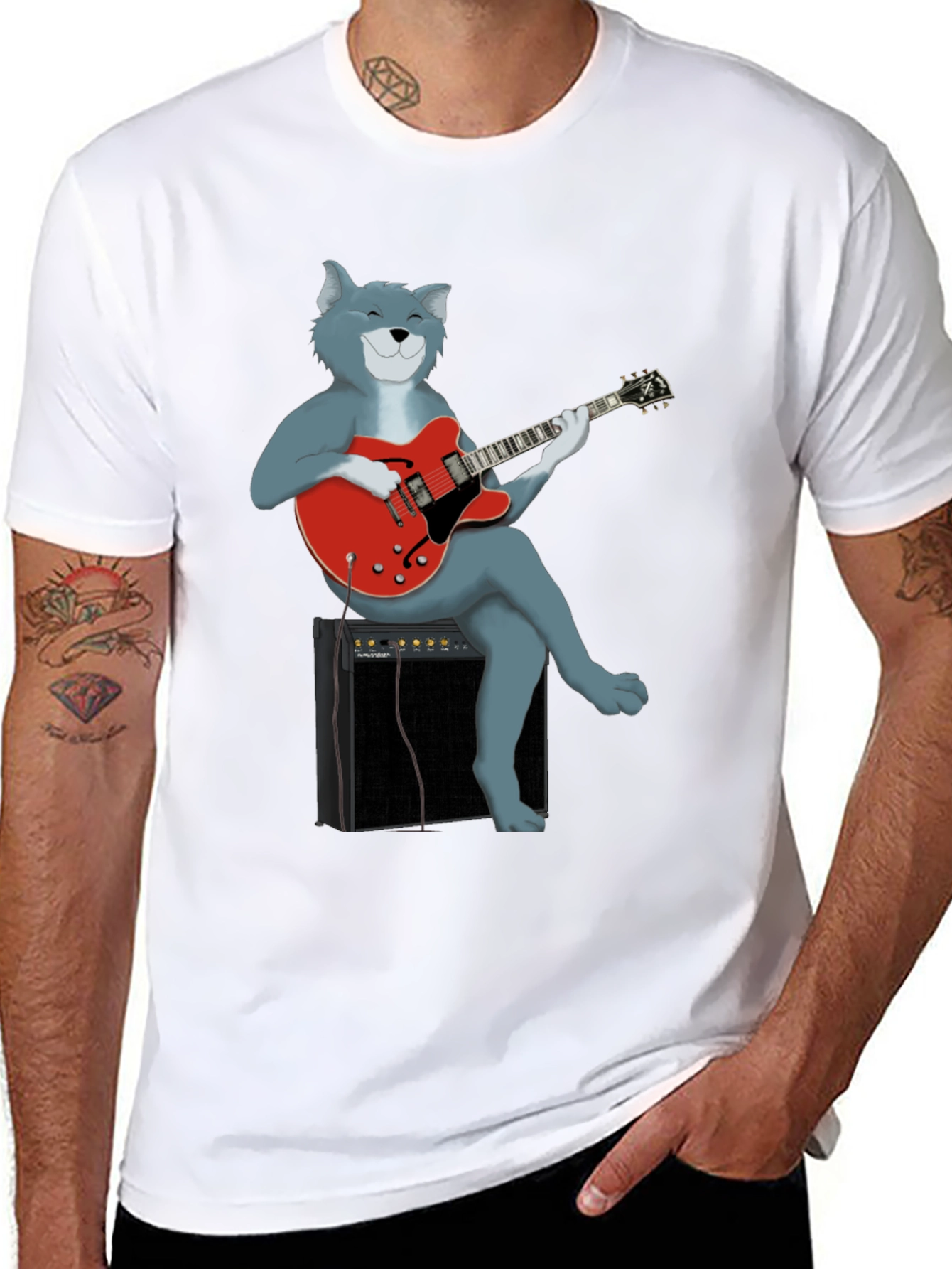 Cat Guitarist Graphic Tee - Black Cotton Shirt
