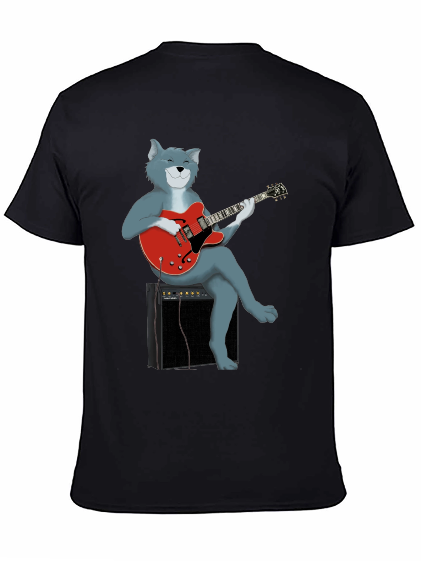 Cat Guitarist Graphic Tee - Black Cotton Shirt