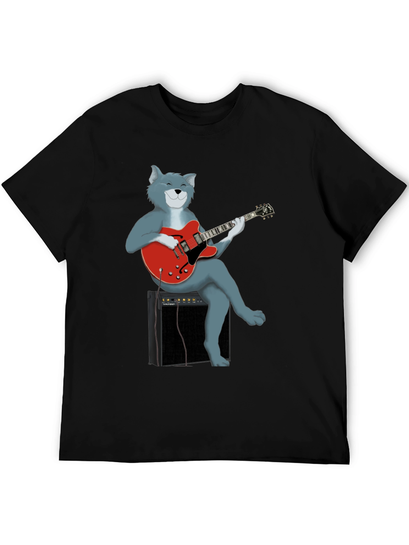 Cat Guitarist Graphic Tee - Black Cotton Shirt