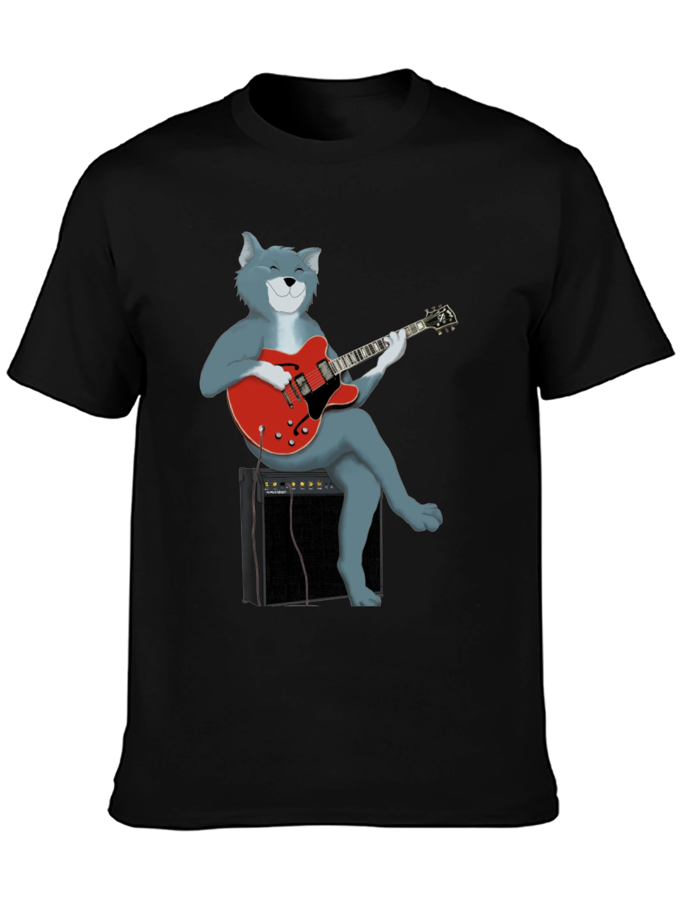 Cat Guitarist Graphic Tee - Black Cotton Shirt