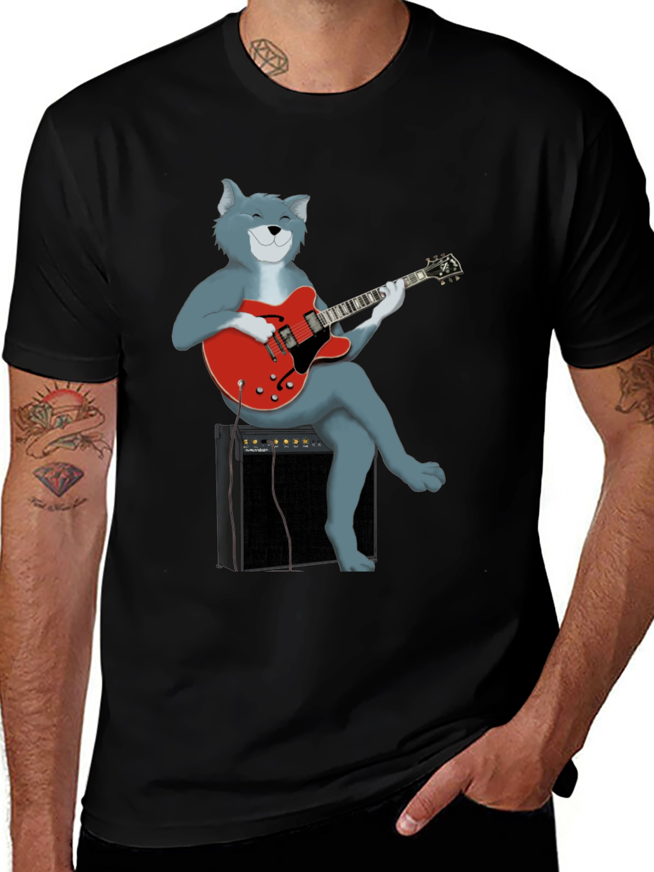 Cat Guitarist Graphic Tee - Black Cotton Shirt