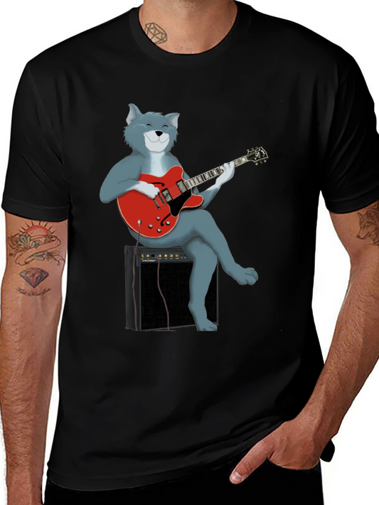 Cat Guitarist Graphic Tee - Black Cotton Shirt