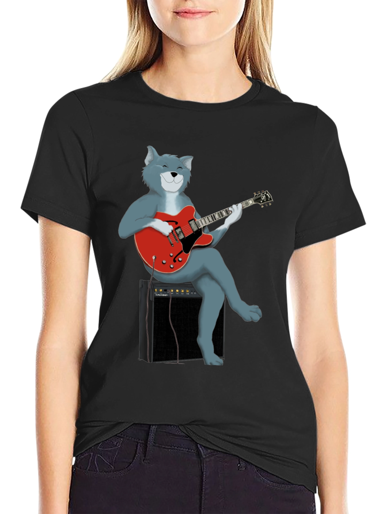 Cat Guitarist Graphic Tee - Black Cotton Shirt