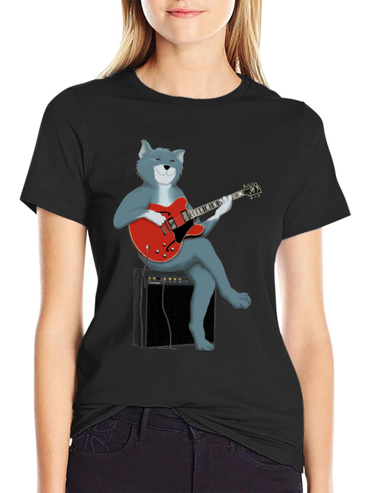 Cat Guitarist Graphic Tee - Black Cotton Shirt
