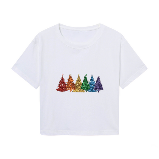 Vibrant Rainbow Colored Christmas Trees Festive Holiday Crop T?Shirt