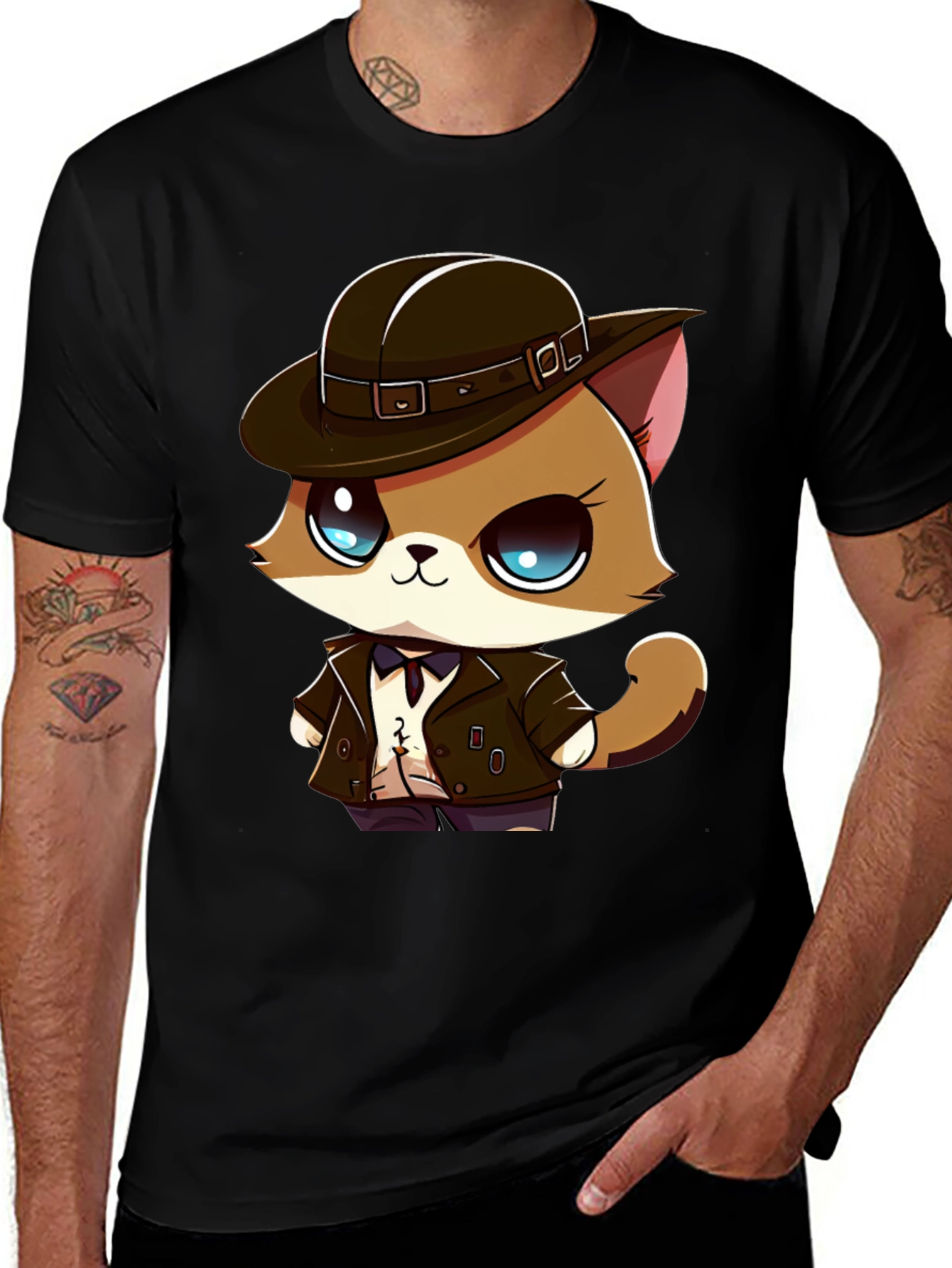 Detective Cat Cartoon T-Shirt - Black