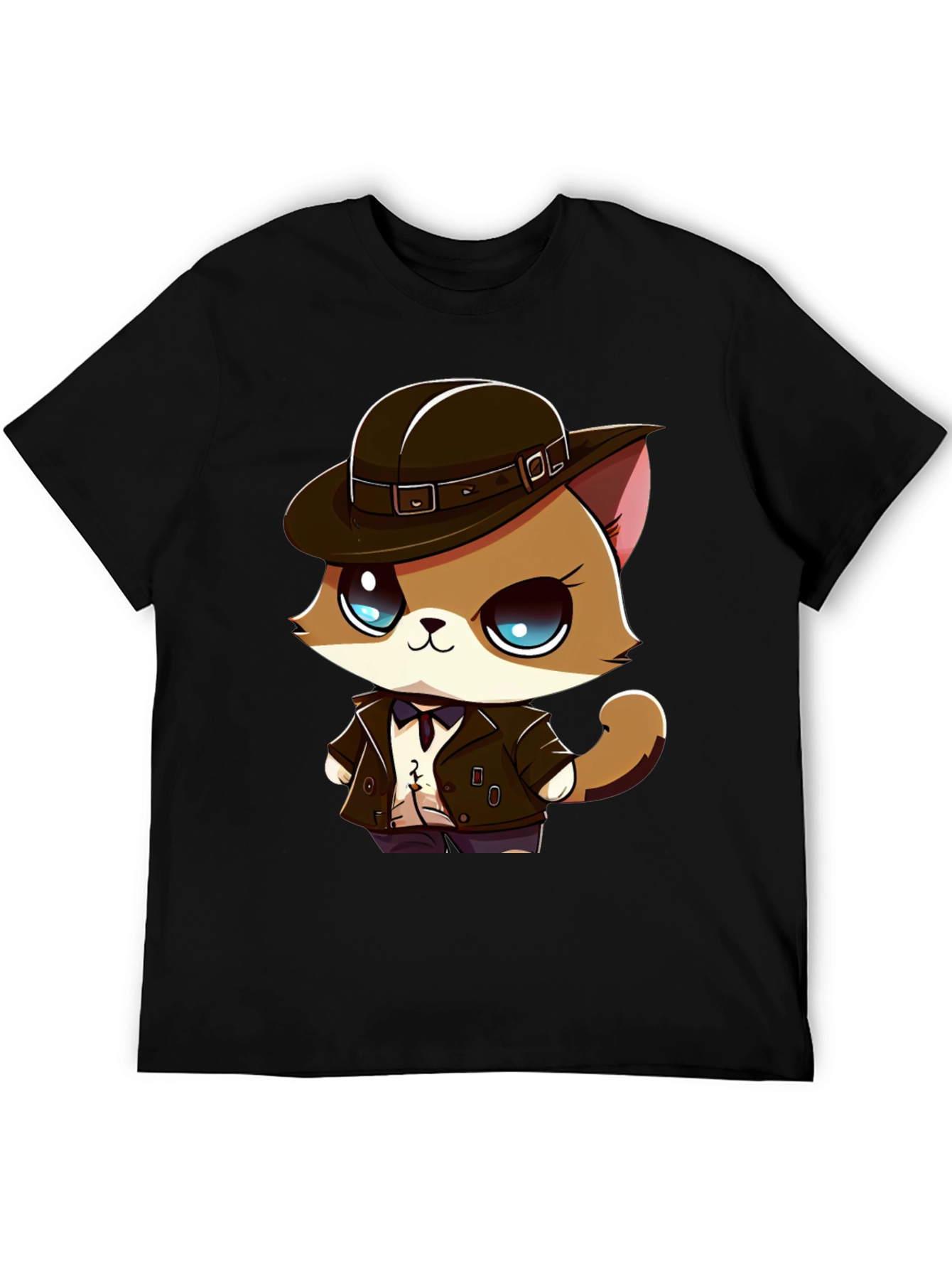 Detective Cat Cartoon T-Shirt - Black