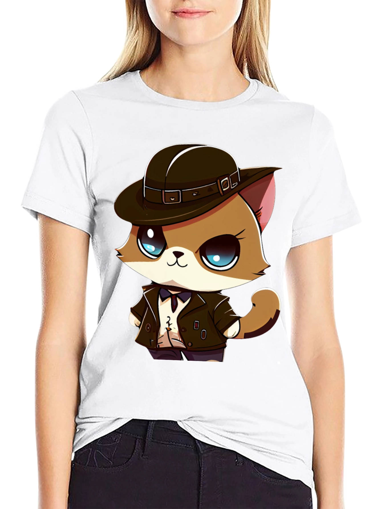 Detective Cat Cartoon T-Shirt - Black