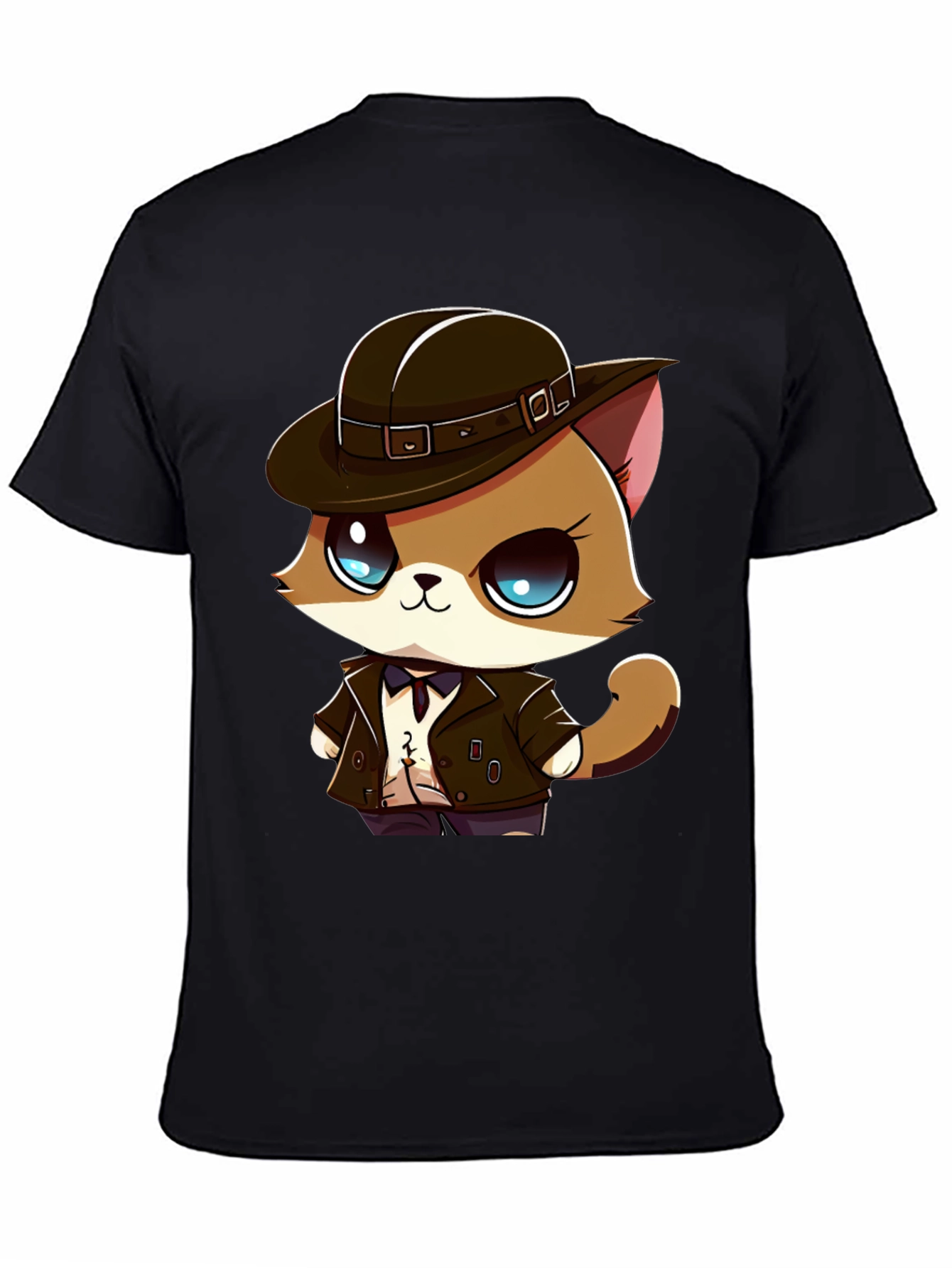 Detective Cat Cartoon T-Shirt - Black