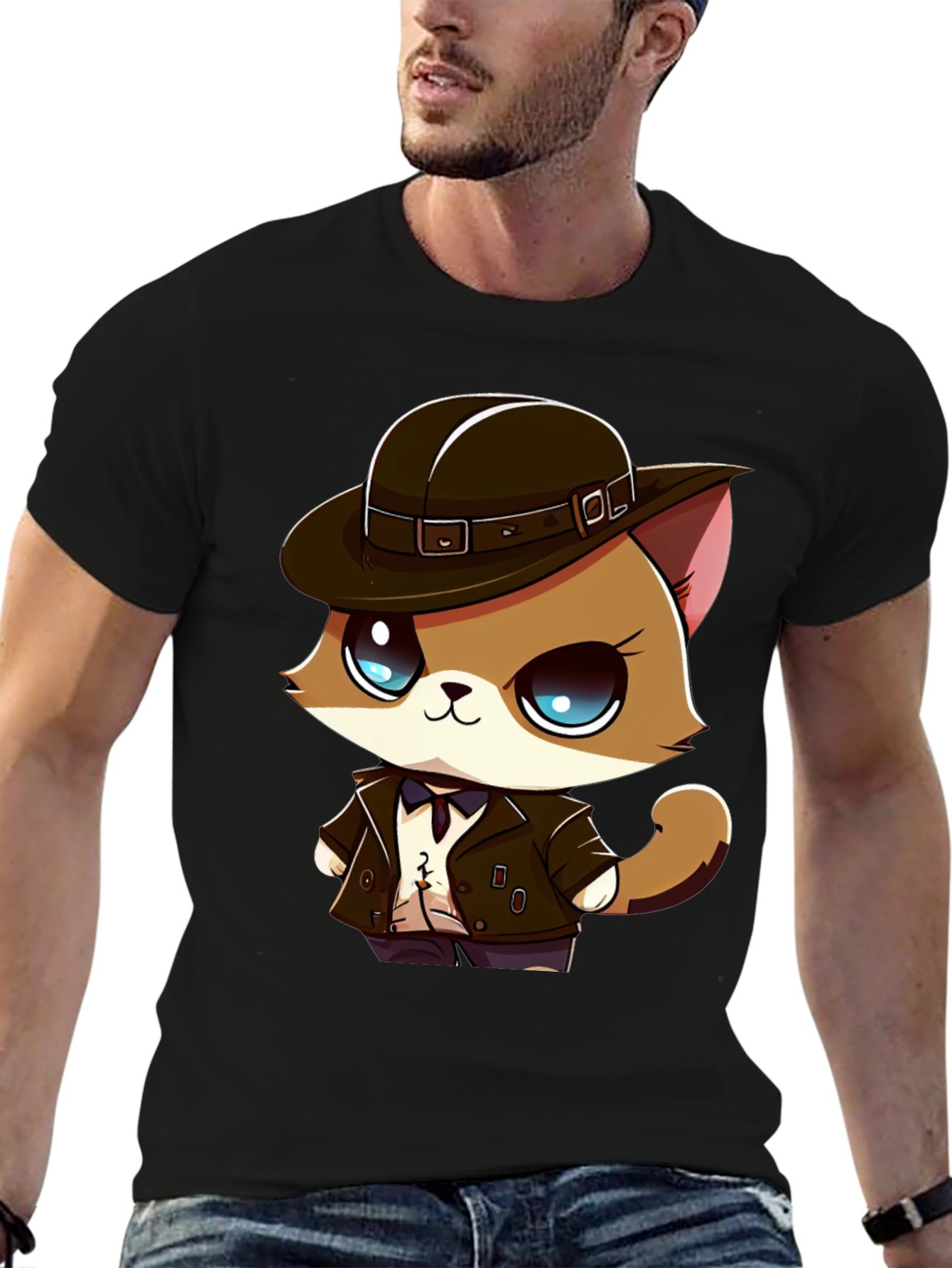 Detective Cat Cartoon T-Shirt - Black